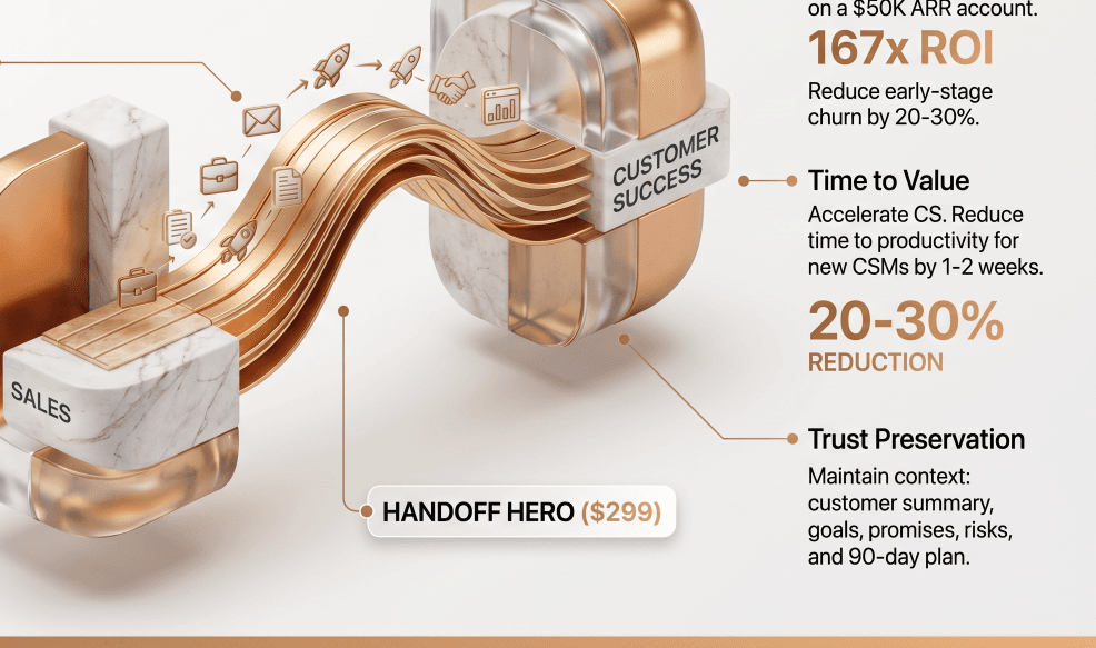 Handoff Hero — gold S-curve showing context flowing from SALES to CUSTOMER SUCCESS with 167x ROI, 20-30% churn reduction